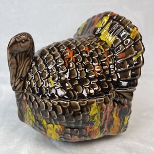 Vintage 1980s Hand Painted Ceramic Turkey Candy Nut Dish w Lid Thanksgiving 5.5"